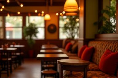 Inside view of the cozy Spice Bites Cafe with warm lighting and comfortable seating