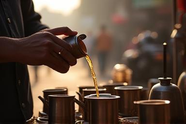 Artistic shot depicting traditional cutting chai vendor pouring tea (simulation)