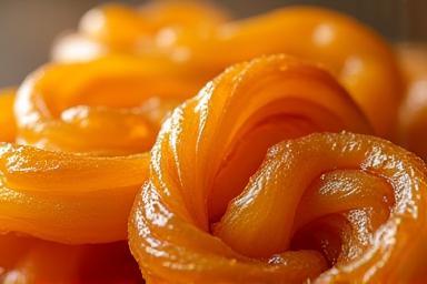 Closeup of golden-orange, syrupy Jalebi freshly fried