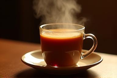 Steaming cup of masala chai in a traditional glass, placed on a saucer
