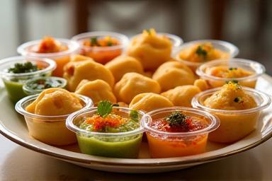 Serving of Pani Puri with spicy and sweet water in small cups