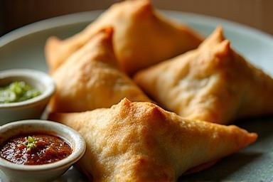 Plate of Samosas served with mint and tamarind chutneys