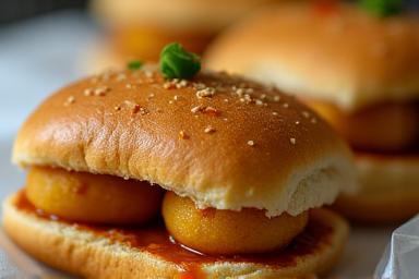 Closeup of a delicious, freshly made Vada Pav with green chili