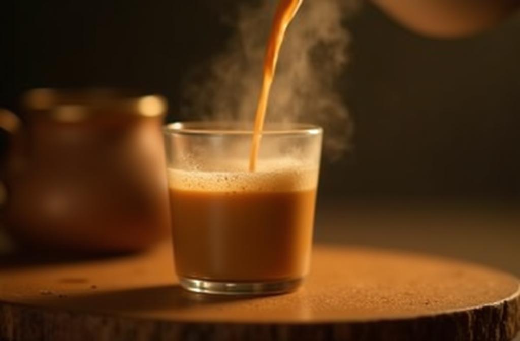 Close-up of frothy masala chai being poured into a small glass